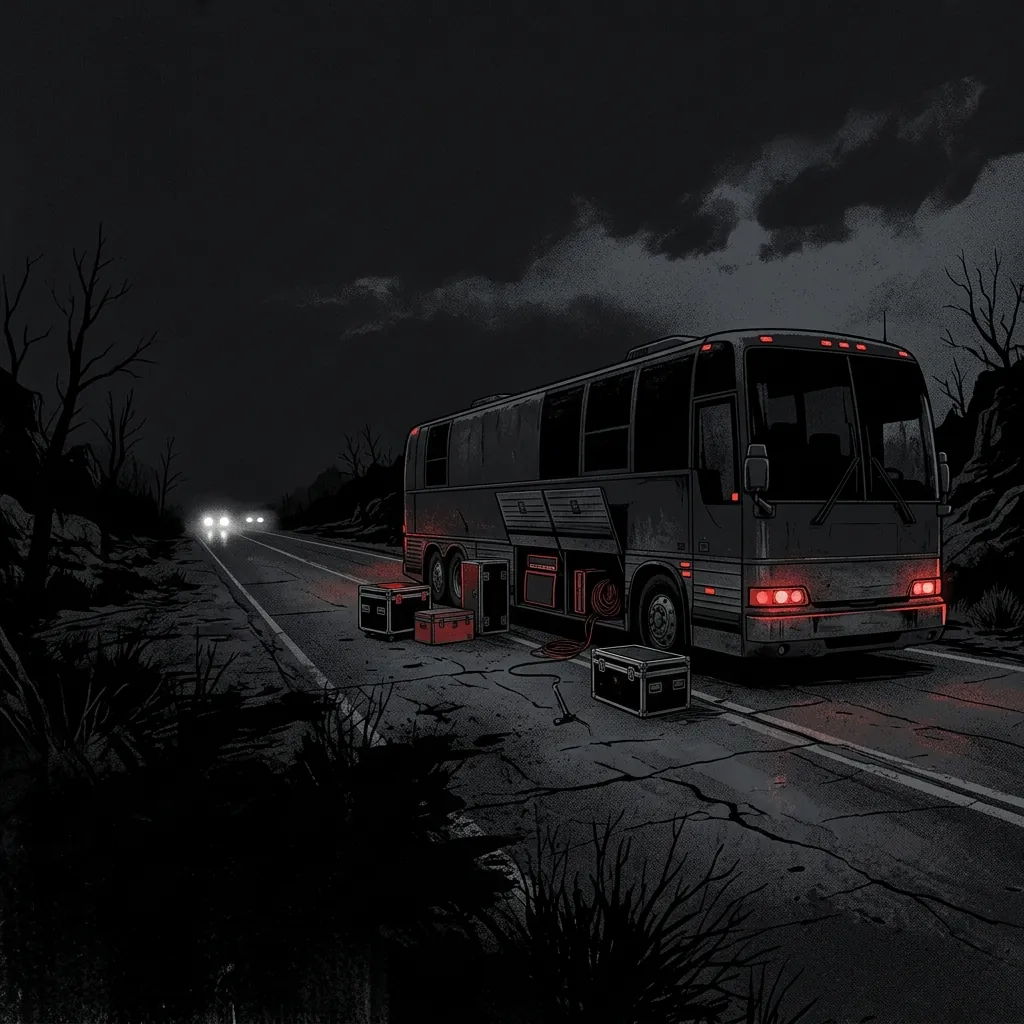 ilustración tributo de un autobús de tour varado en una carretera solitaria bajo un cielo nocturno, atmósfera de interrupción abrupta y melancolía, paleta rojo y negro, sin personas identificables ni logos