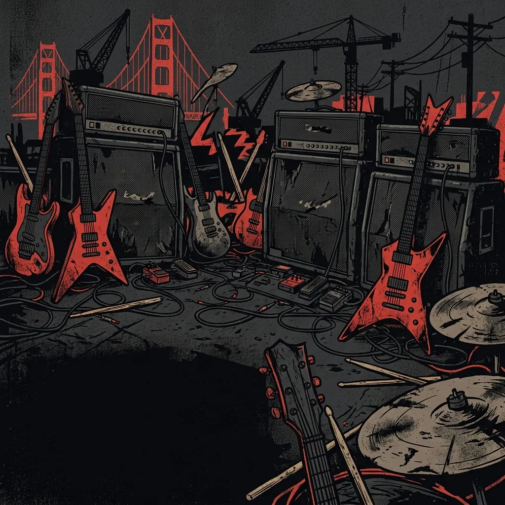 ilustración tributo de un collage de guitarras eléctricas, baquetas y amplificadores con motivos de la escena thrash del Bay Area californiano, paleta rojo y negro dominante, sin texto ni logotipos
