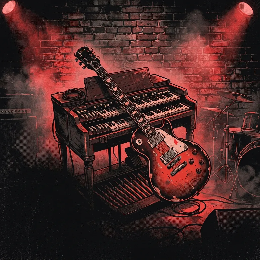 ilustración tributo de un órgano Hammond y una guitarra eléctrica cruzados sobre un fondo de ladrillos con luz carmesí, atmósfera de sala de ensayo rock británico años 70, niebla de escenario y destellos rojos, sin rostros reconocibles ni logos