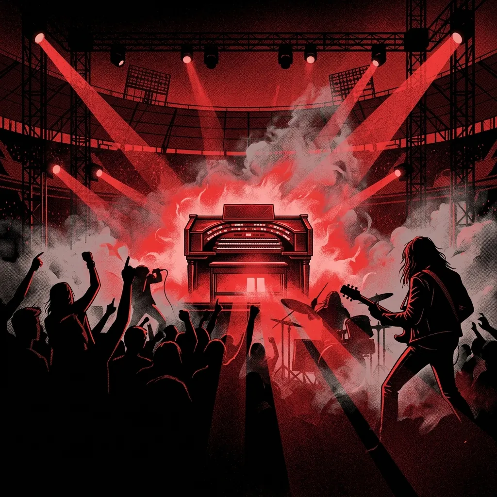 ilustración tributo de un escenario de estadio con un órgano iluminado en rojo al fondo y haces de luz carmesí cortando el humo de escenario, estética hard rock clásico años 80, paleta rojo y negro, sin rostros ni logos