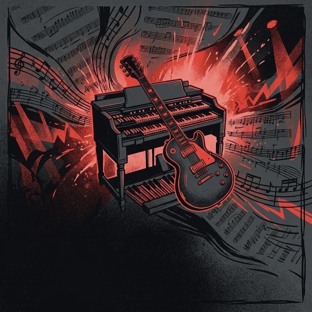 ilustración tributo de un órgano Hammond y una guitarra Les Paul cruzados sobre un fondo abstracto con destellos de luz carmesí y partituras entrelazadas, estética rock clásico y orquestal años 70, paleta rojo y negro, sin texto ni logotipos
