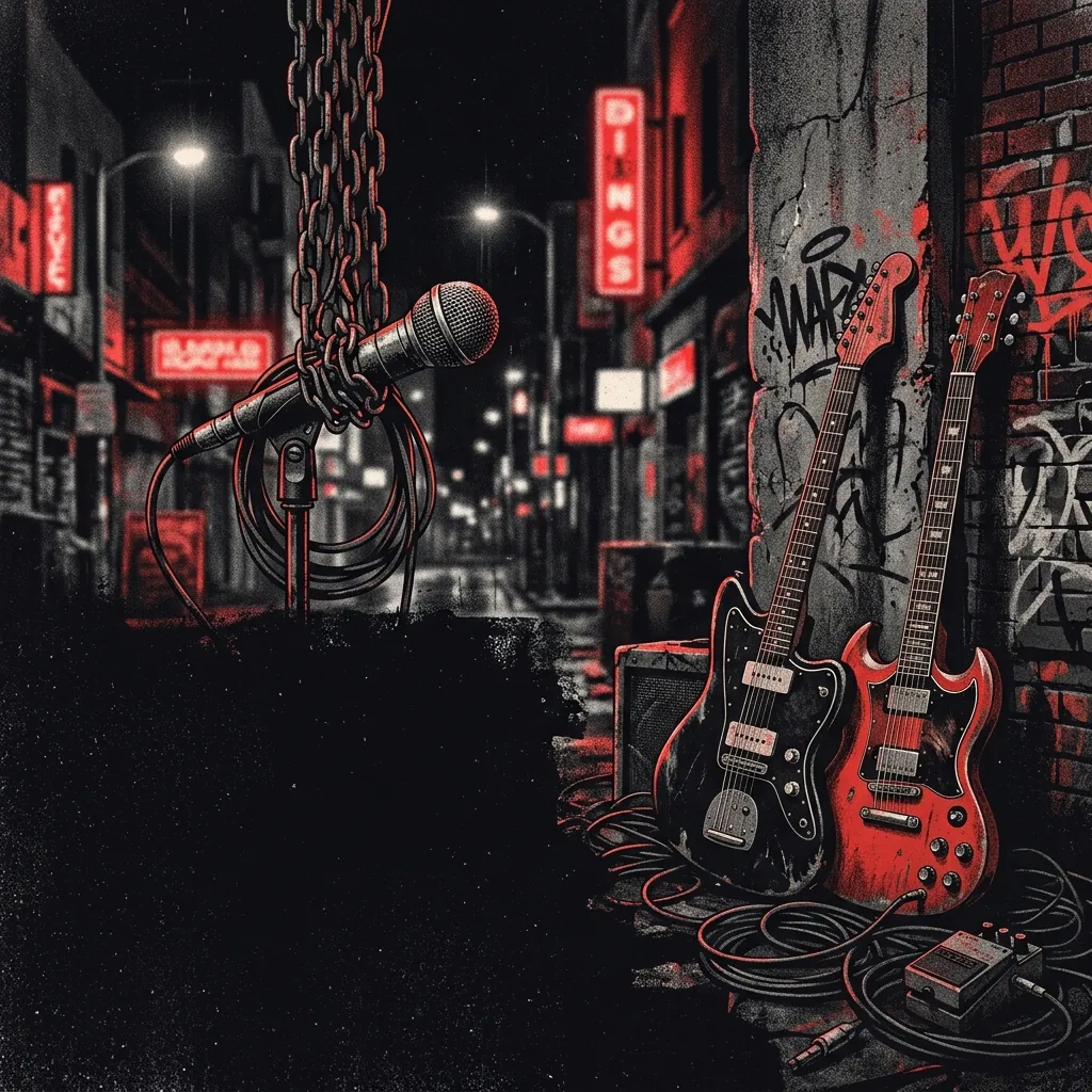 ilustración tributo de micrófonos, cadenas y guitarras eléctricas sobre fondo urbano australiano nocturno, atmósfera cruda y callejera, paleta rojo y negro, sin rostros reconocibles ni logos