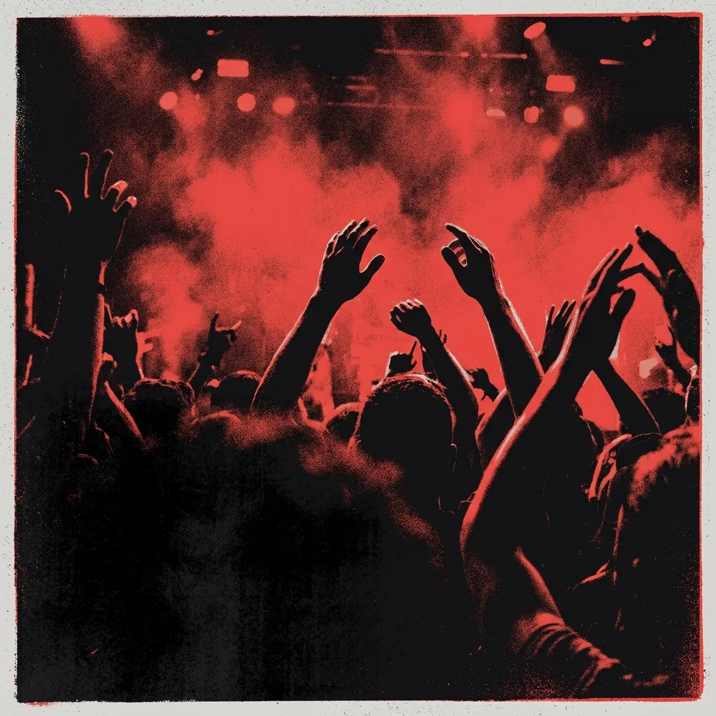 ilustración tributo de una fosa de concierto con brazos al aire bajo luces rojas parpadeantes y humo de escenario, atmósfera eléctrica y visceral, paleta rojo y negro, sin rostros ni logos