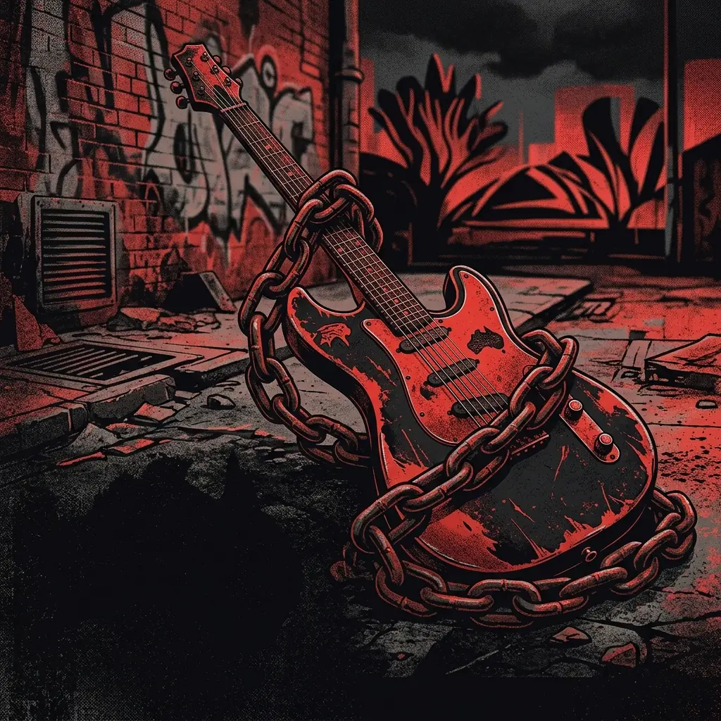 ilustración tributo de una guitarra eléctrica y una cadena dorada entrelazadas sobre fondo urbano oscuro, motivos australianos y elementos callejeros, paleta rojo y negro, sin texto ni logotipos
