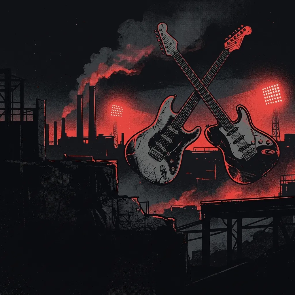ilustración tributo de guitarras eléctricas twin cruzadas sobre un cielo nocturno industrial de Sheffield con humo de fábrica y luces de estadio al fondo, atmósfera épica, paleta rojo y negro, sin rostros reconocibles ni logos
