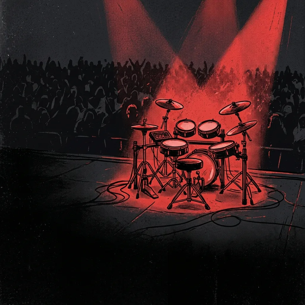 ilustración tributo de una batería electrónica bañada en luz roja sobre un escenario vacío con siluetas de multitud al fondo, atmósfera de triunfo y resiliencia, paleta rojo y negro, sin rostros ni logos