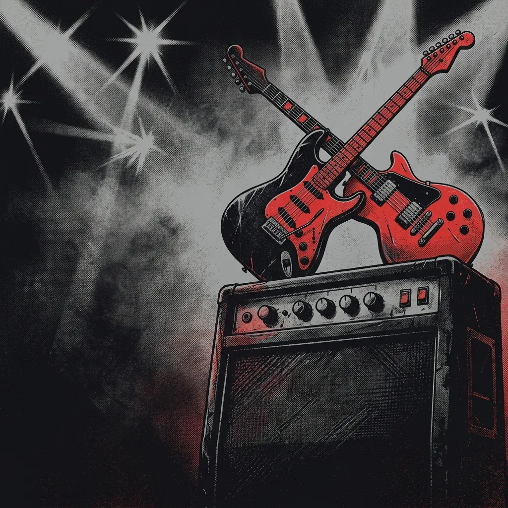 ilustración tributo de dos guitarras eléctricas entrelazadas sobre un amplificador vintage rodeado de luz de estadio y niebla escénica, estética hard rock de los 80, paleta rojo y negro, sin texto ni logotipos