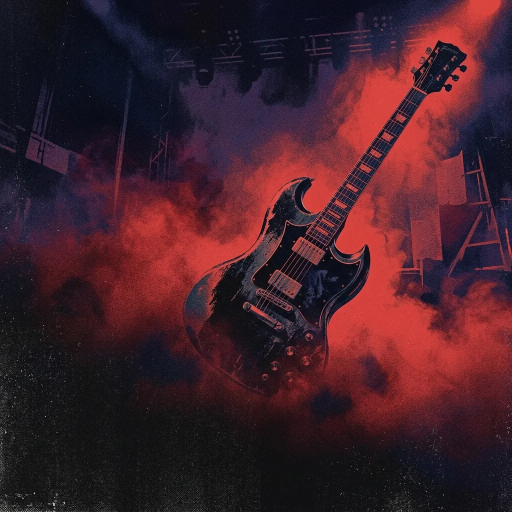 ilustración tributo de una guitarra eléctrica de silueta pesada emergiendo de una niebla escarlata bajo luces de estadio, atmósfera de metal alternativo Sacramento años 90, sin rostros reconocibles ni logos, paleta rojo y negro con tonos azul medianoche