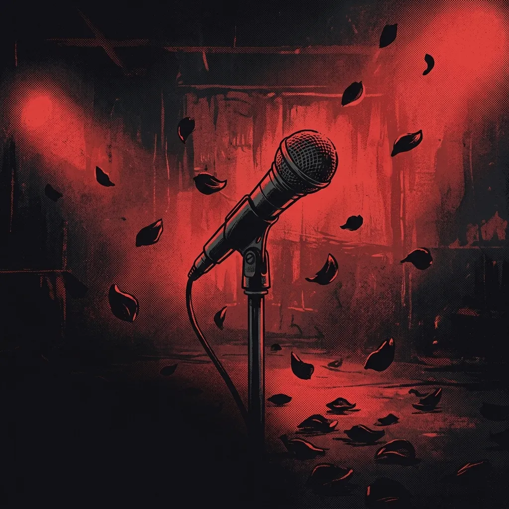 ilustración tributo de un bajo eléctrico apoyado en solitario contra una pared de amplificadores con velas encendidas a sus pies, homenaje a un músico ausente, luz cálida y melancólica en un escenario de metal alternativo, sin rostros ni logos, paleta rojo y negro con destellos dorados
