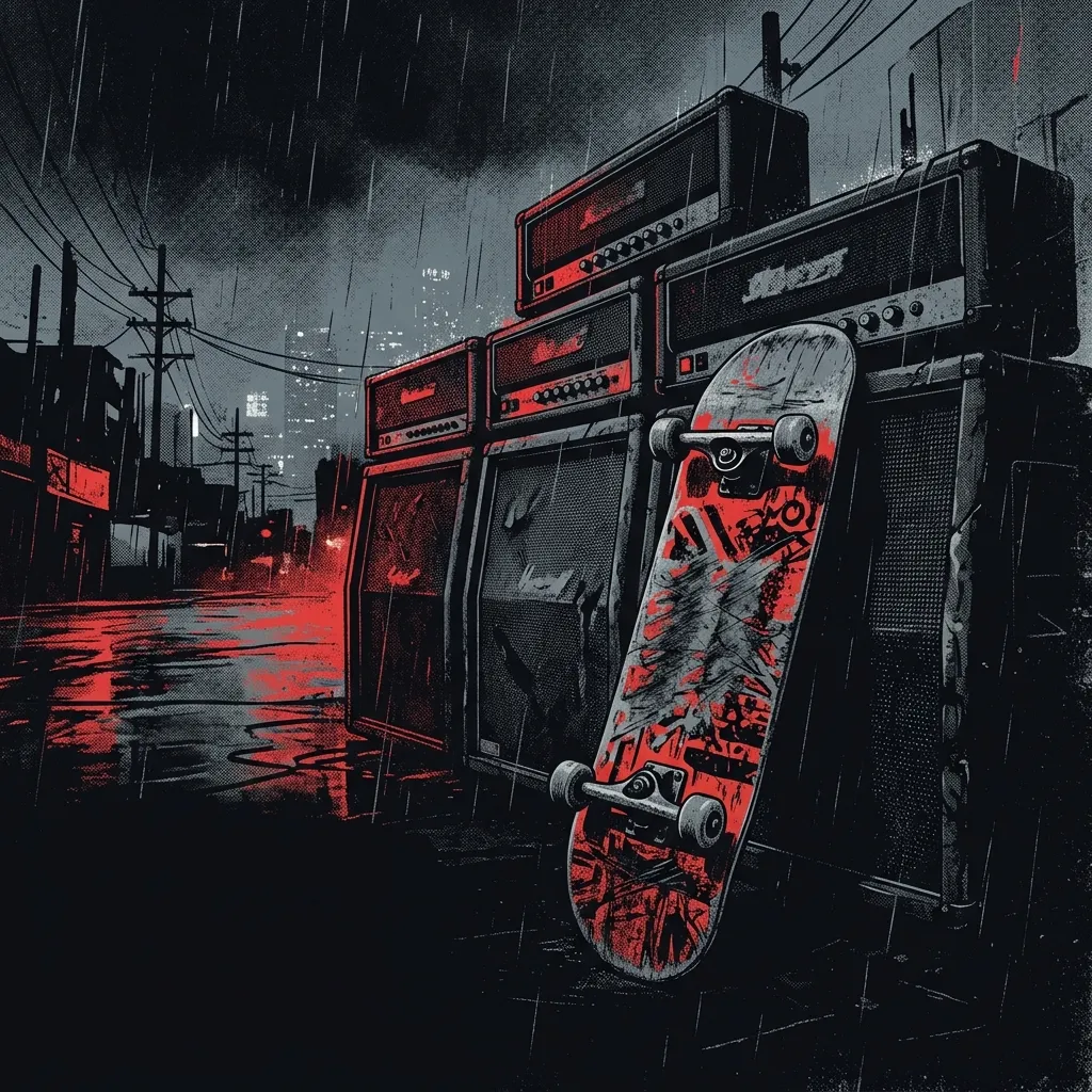 ilustración tributo de un collage de ondas de sonido abstractas, siluetas de amplificadores y fragmentos de pentagrama sobre fondo negro con destellos carmesí, representación visual de la dualidad entre brutalidad y belleza en el metal alternativo de Sacramento, sin texto ni logotipos, paleta rojo y negro