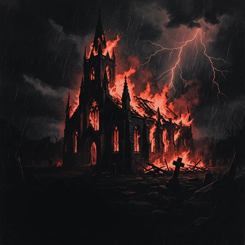 ilustración tributo de una iglesia gótica en llamas rodeada de penumbra y relámpagos, atmósfera death metal Florida años noventa, sin rostros reconocibles ni logos, paleta rojo y negro con destellos de brasa