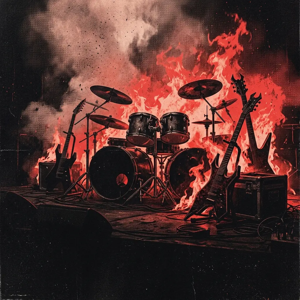 ilustración tributo de guitarras eléctricas y una batería de doble bombo envueltas en humo y llamas sobre un escenario oscuro, atmósfera brutal death metal contemporáneo, sin rostros ni logos, paleta rojo y negro con contrastes dramáticos