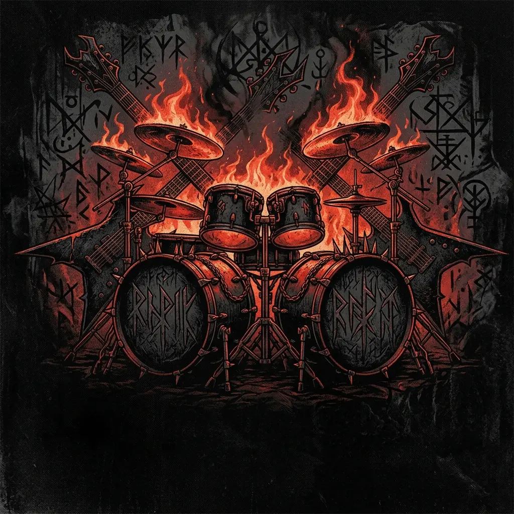 ilustración tributo de una batería de doble bombo con platillos en llamas y guitarras cruzadas sobre un fondo de runas y símbolos oscuros, atmósfera death metal extremo, sin texto ni logotipos, paleta rojo y negro con toques de brasa naranja
