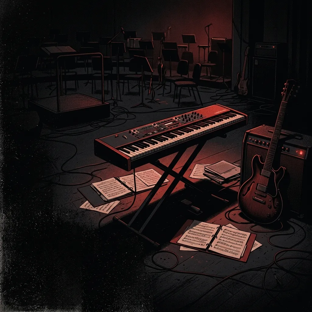 ilustración tributo de un teclado de concierto rodeado de partituras orquestales y una guitarra eléctrica en penumbra, atmósfera de composición nocturna, paleta rojo y negro, sin rostros reconocibles ni logos