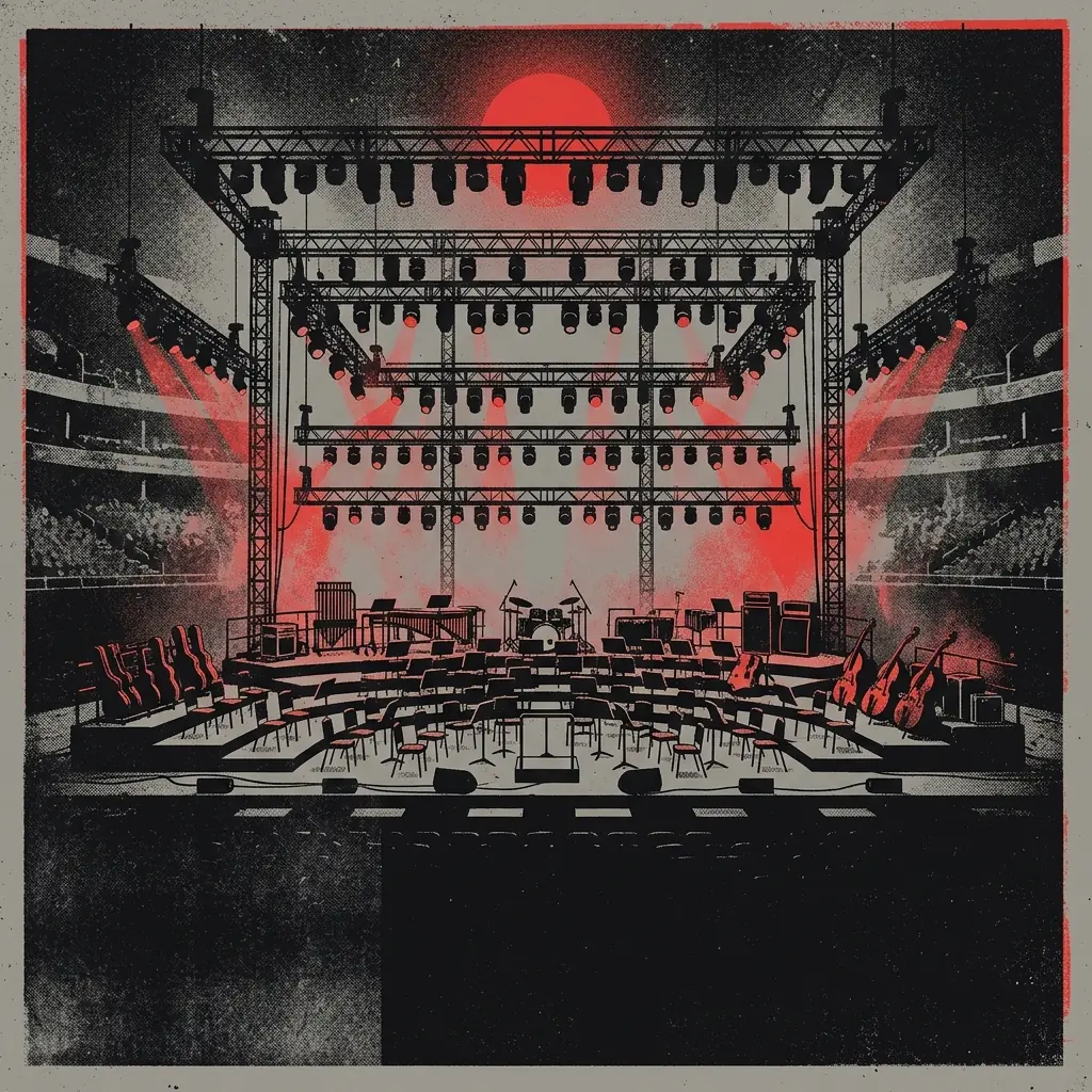ilustración tributo de un escenario de arena con luces orquestales, siluetas de músicos ante una multitud, atmósfera épica de concierto europeo, paleta rojo y negro, sin rostros ni logos