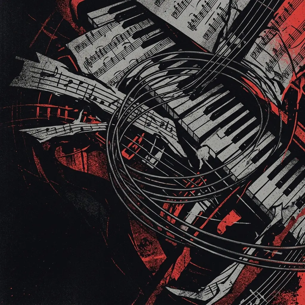 ilustración tributo de un collage de partituras orquestales, cuerdas de guitarra y teclas de piano entrelazadas, atmósfera oscura y épica, paleta rojo y negro, sin texto ni logotipos