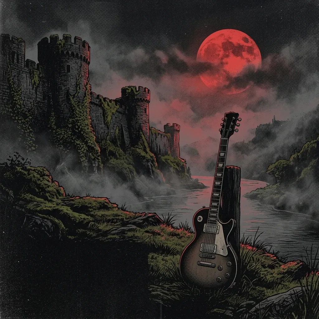 ilustración tributo de una guitarra eléctrica frente a murallas medievales cubiertas de musgo bajo una luna roja, niebla densa sobre el río Rin, atmósfera oscura y arcaica, paleta rojo y negro, sin rostros reconocibles ni logos