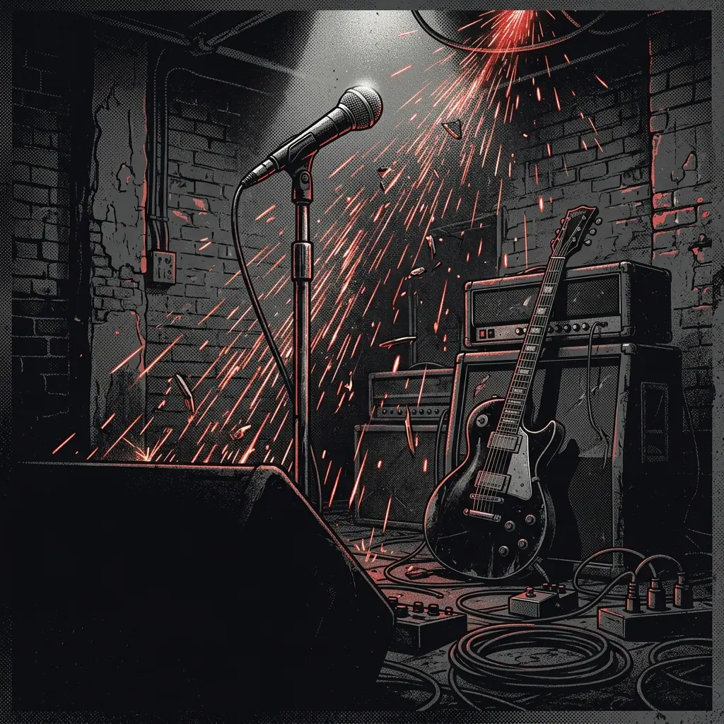 ilustración tributo de un micrófono y una guitarra bajo una lluvia de chispas en un escenario de club underground, pared de ladrillos expuestos al fondo, atmósfera industrial y amenazante, paleta rojo y negro, sin rostros ni logos