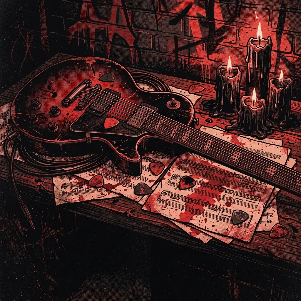 ilustración tributo de una guitarra eléctrica con púas esparcidas sobre una partitura manchada de tinta roja, velas consumidas al costado, ambiente de ritual underground, paleta rojo y negro, sin texto ni logotipos