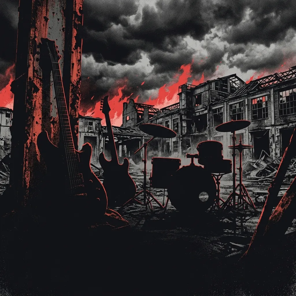 ilustración tributo de tres siluetas instrumentales —guitarra, guitarra líder y batería— recortadas contra una fábrica en ruinas de Turingia bajo un cielo de tormenta, llamas rojas al fondo, sin rostros reconocibles ni logos, paleta rojo y negro