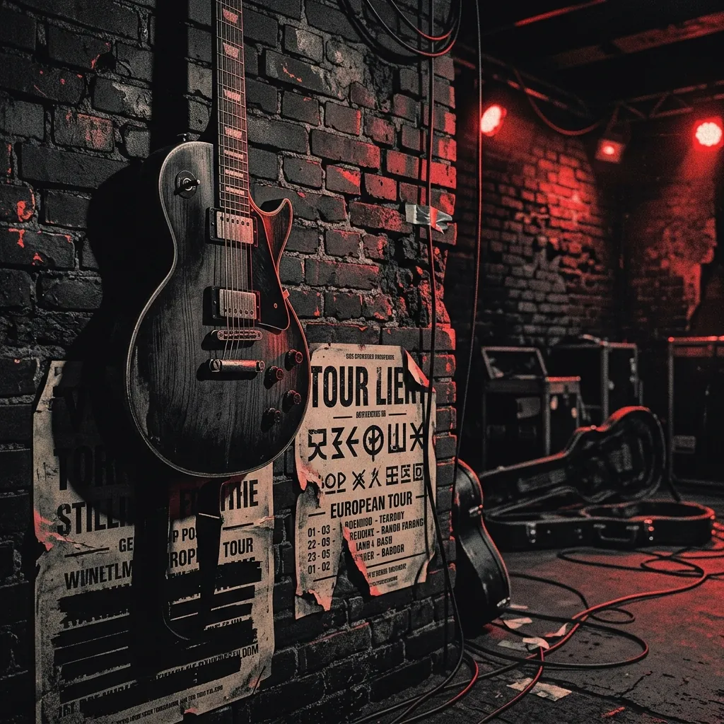 ilustración tributo de una guitarra eléctrica colgada sobre un cartel de gira europeo en una pared de ladrillo oscuro con reflejos rojos, atmósfera de backstage de club metalero alemán, paleta rojo y negro, sin rostros ni logos
