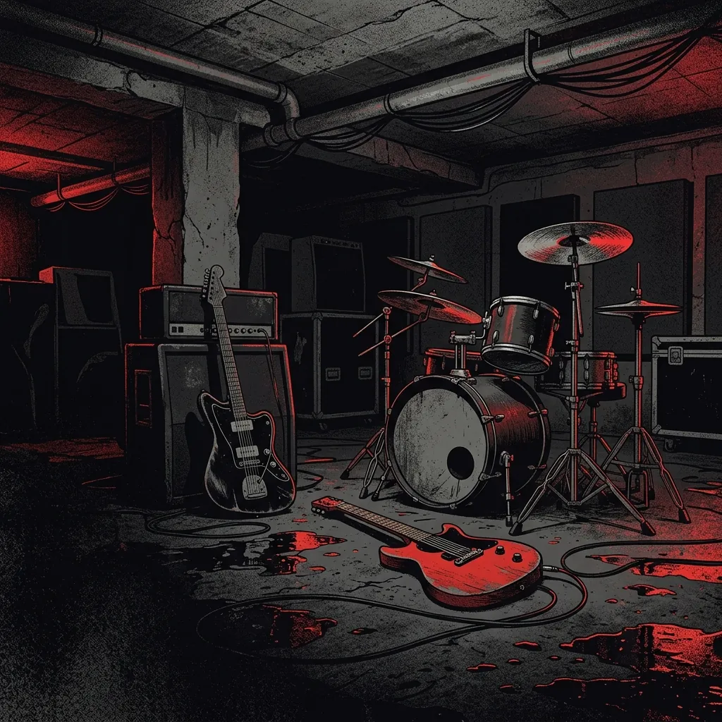 ilustración tributo de dos guitarras eléctricas y una batería dispuestas en un triángulo sobre suelo mojado con reflejos de luz roja, atmósfera de sala de ensayo subterránea en Turingia, techo de concreto, cables y amplificadores al fondo, paleta rojo y negro, sin texto ni logotipos