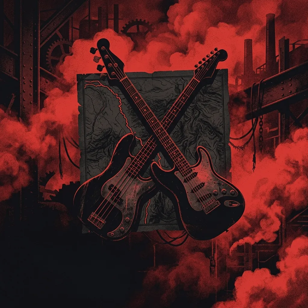ilustración tributo de un bajo eléctrico y una guitarra cruzados sobre un mapa del río Rin, atmósfera de acero industrial y humo rojo, sin rostros reconocibles ni logos, paleta rojo y negro