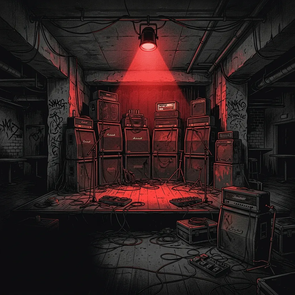 ilustración tributo de un escenario vacío con amplificadores apilados y una sola luz roja cenital, atmósfera de club underground alemán, techo bajo y paredes de concreto, paleta rojo y negro, sin rostros ni logos