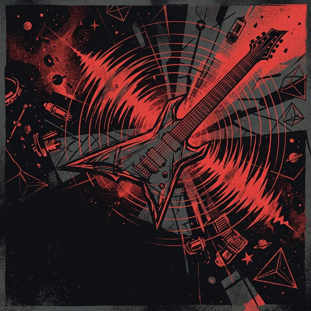 ilustración tributo de una guitarra eléctrica de siete cuerdas suspendida en un espacio cósmico, rodeada de ondas de sonido expansivas y estructuras geométricas, sin rostros reconocibles ni logos, paleta rojo y negro sobre fondo oscuro