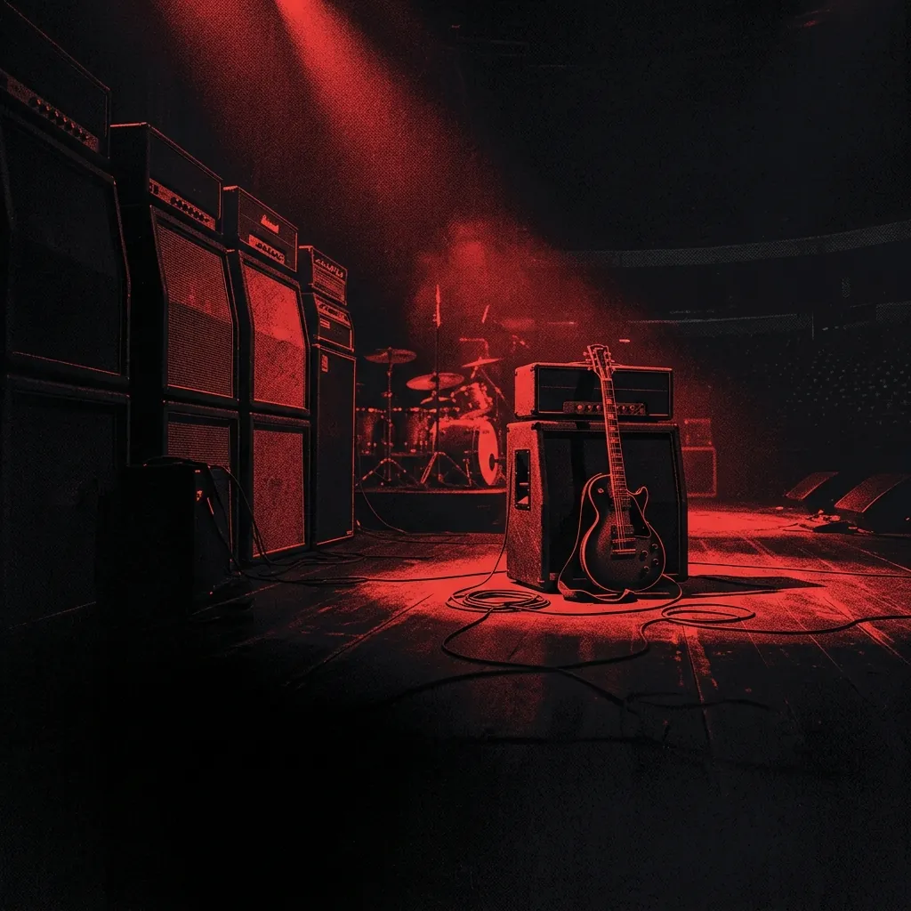 ilustración tributo de un escenario de concierto vacío bañado en luz roja, con amplificadores apilados y una guitarra apoyada sola, atmósfera grandiosa y silenciosa, paleta rojo y negro, sin rostros ni logos