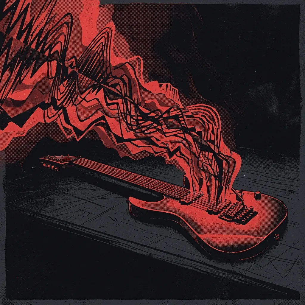 ilustración tributo de capas de ondas sonoras y frecuencias entrelazadas emergiendo de una guitarra de siete cuerdas sobre fondo oscuro, evocando la arquitectura sonora densa y expansiva del proyecto, paleta rojo y negro, sin texto ni logotipos