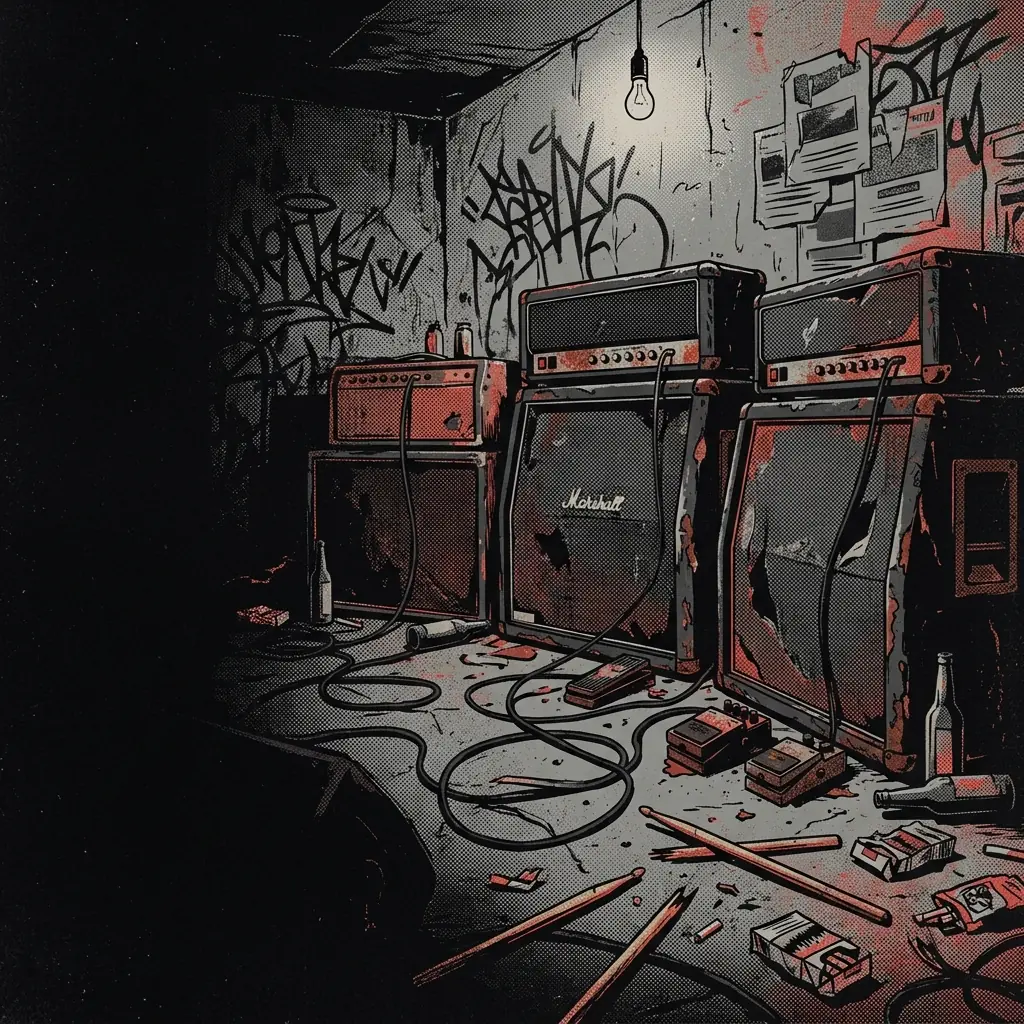 ilustración tributo de una sala de ensayo punk en Berlín Occidental años 80, amplificadores desgastados y baquetas rotas sobre un suelo de cemento, atmósfera urgente e intensa, paleta rojo y negro, sin rostros reconocibles ni logos