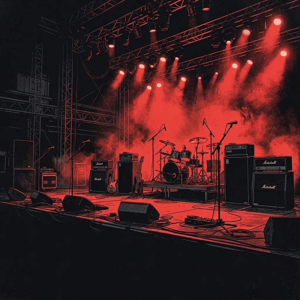 ilustración tributo de un escenario de estadio alemán inundado de luz roja y negra, multitud punk levantando los brazos, energía colectiva y desbordante, sin rostros ni logos identificables