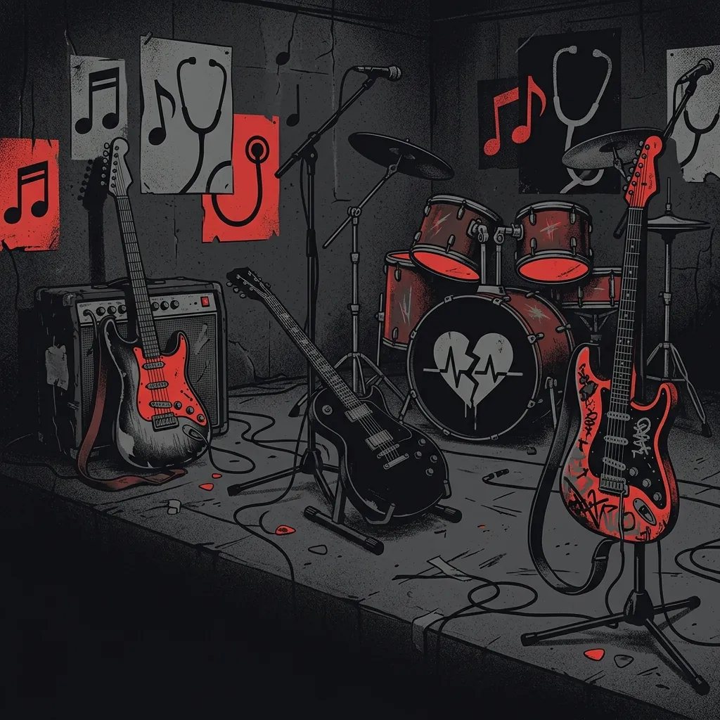 ilustración tributo de tres guitarras eléctricas y una batería dispuestas en formación de trío punk, detalles de notas musicales y estetoscopios estilizados, estética Berlin underground, paleta rojo y negro, sin texto ni logotipos