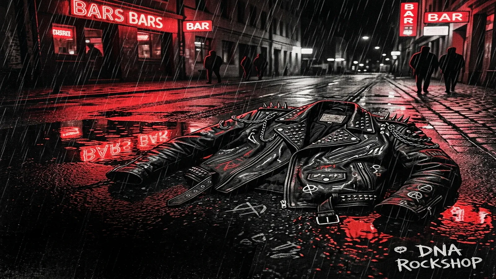 ilustración tributo de una chaqueta de cuero negra con tachuelas sobre el asfalto mojado de una calle alemana de noche, neón rojo reflejado en los charcos, atmósfera punk rock de los años 80, sin rostros reconocibles ni logos, paleta rojo y negro