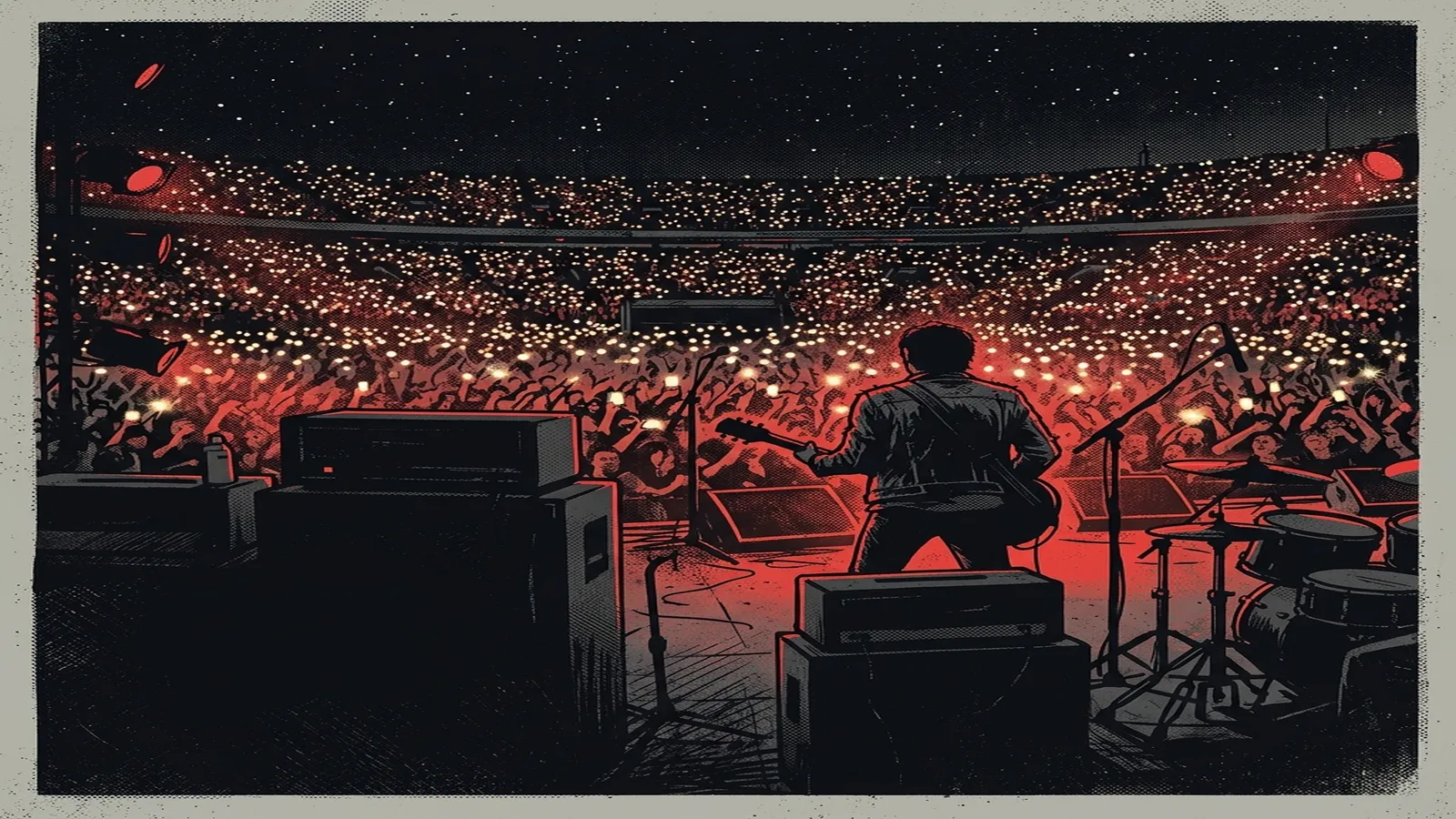 ilustración tributo de un estadio de noche visto desde el escenario, miles de encendedores y luces de teléfono formando un mar de destellos bajo un cielo estrellado, atmósfera punk rock masivo de estadio años 90 y 2000, sin rostros ni logos, paleta rojo y negro con destellos dorados