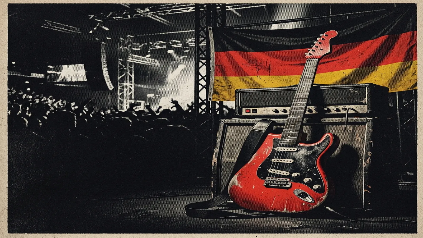 ilustración tributo de una guitarra eléctrica roja apoyada en un amplificador con la bandera alemana de fondo, atmósfera punk rock de estadio europeo, sin texto ni logotipos, paleta rojo y negro con acento blanco