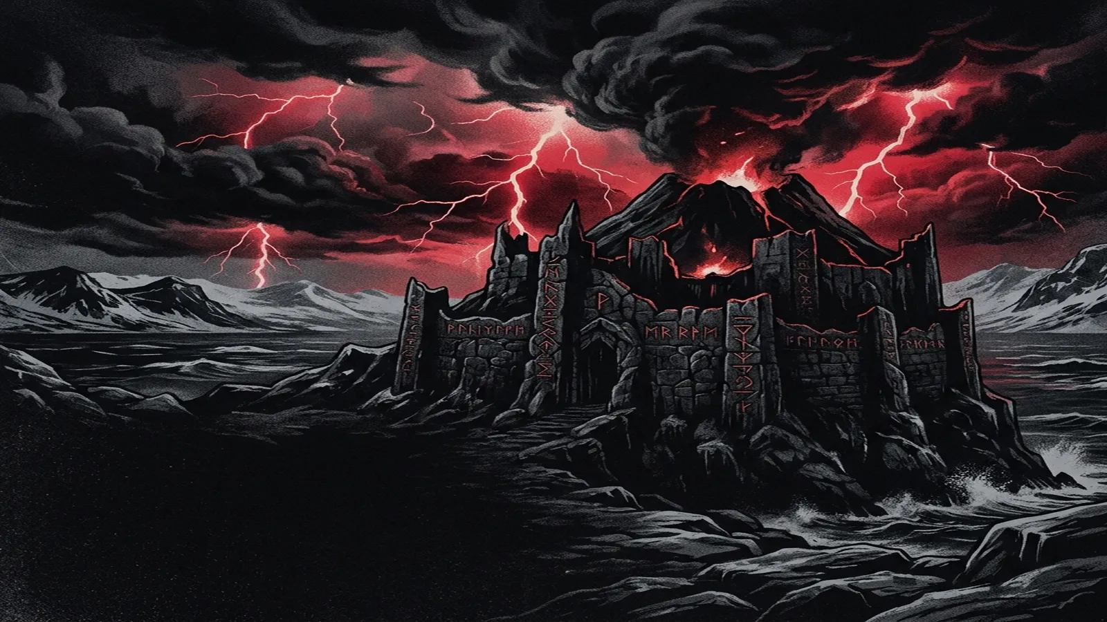 ilustración tributo de una fortaleza volcánica bajo cielo de tormenta ártica, rayos carmesí entre nubarrones negros, piedra antigua cubierta de runas talladas, atmósfera de black metal noruego años 90, sin rostros reconocibles ni logos, paleta rojo sangre y negro carbón