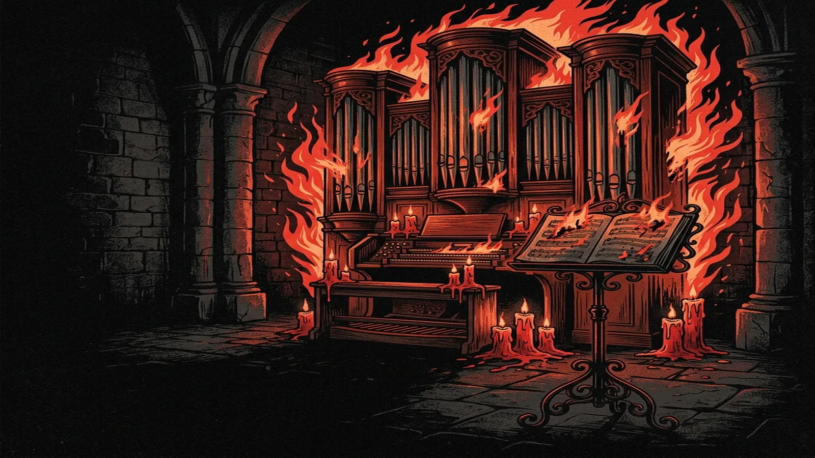 ilustración tributo de un órgano de catedral rodeado de llamas en una sala de piedra oscura, partitura en llamas sobre atril de hierro negro, velas de cera roja derritiéndose, atmósfera de metal sinfónico extremo de principios de los 2000, sin rostros ni logos, paleta rojo y negro