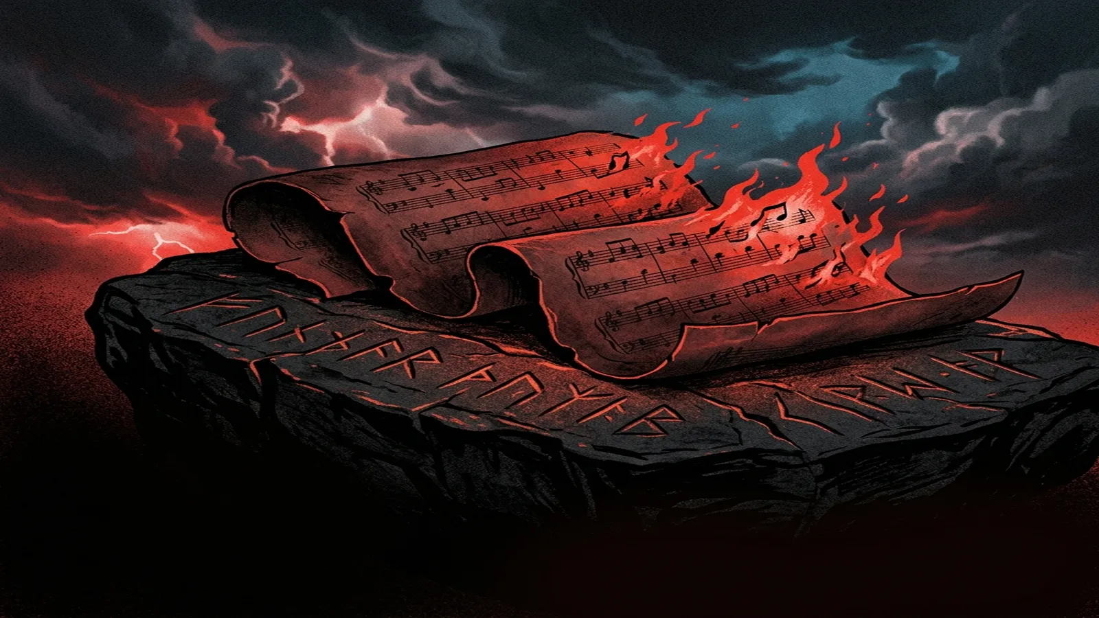 ilustración tributo de una partitura musical enroscada sobre runas nórdicas en piedra volcánica negra, notas musicales transformándose en llamas rojas sobre fondo de cielo ártico en tormenta, sin texto ni logotipos, paleta rojo sangre y negro carbón