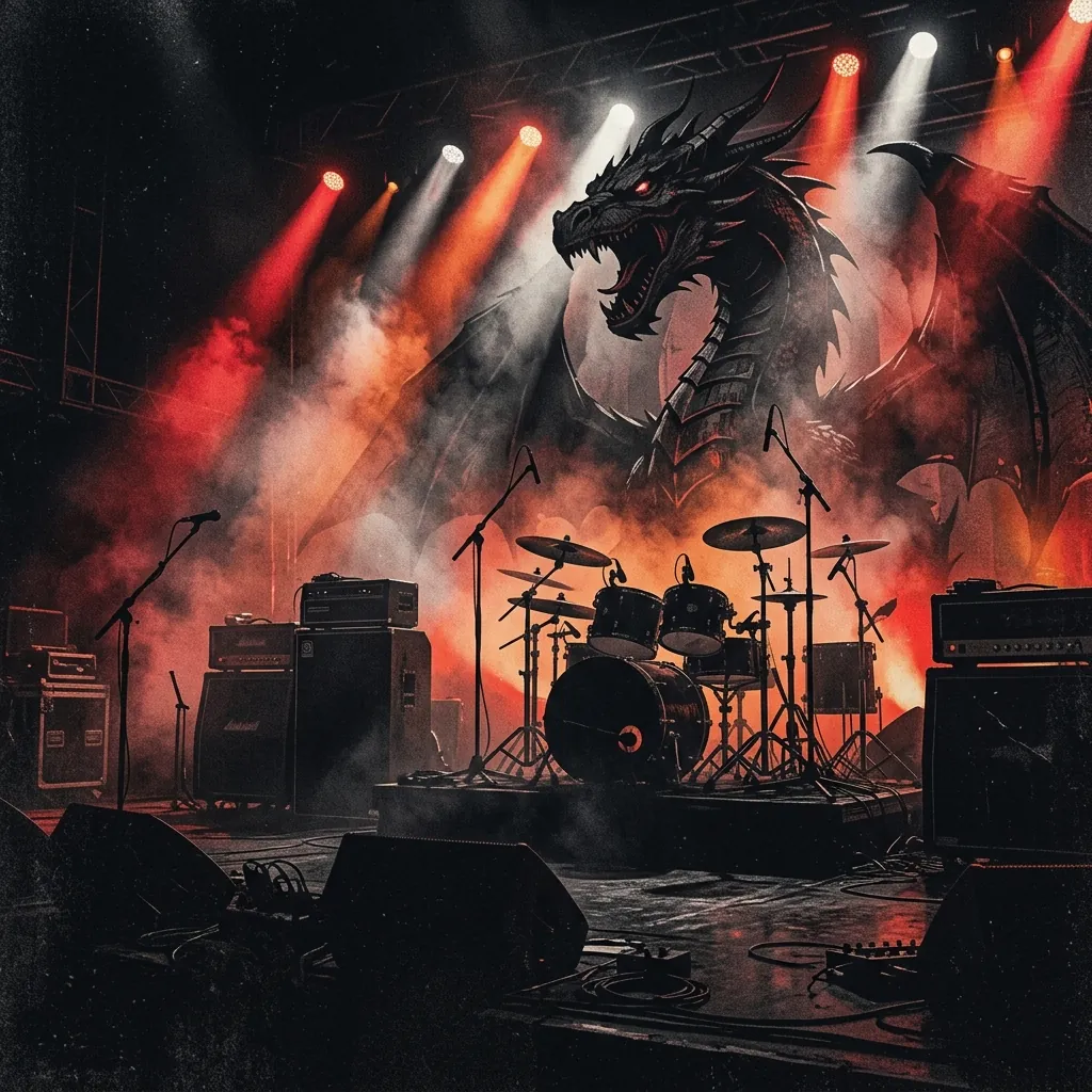 ilustración tributo de un escenario de metal iluminado con rayos de luz entre niebla, siluetas de instrumentos y un dragón en el fondo, paleta rojo y negro, sin rostros ni logos