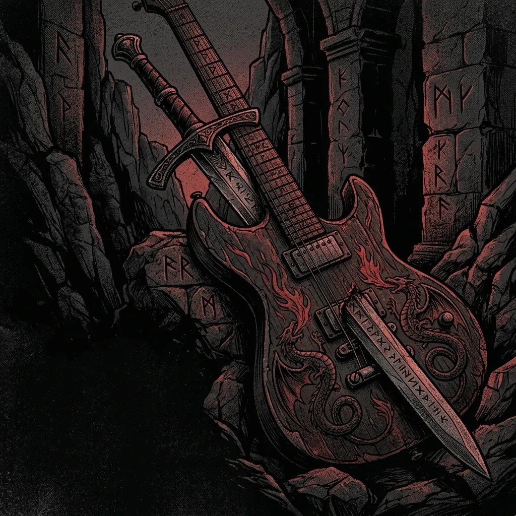 ilustración tributo de una guitarra eléctrica entrelazada con motivos medievales: espadas, dragones y runas, todo en una composición oscura y detallada, paleta rojo y negro, sin texto ni logotipos