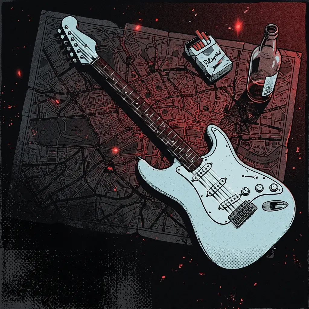 ilustración tributo de una guitarra Stratocaster azul pálido sobre un mapa de Londres nocturno, atmósfera íntima y urbana de finales de los 70, paleta rojo y negro, sin rostros reconocibles ni logos