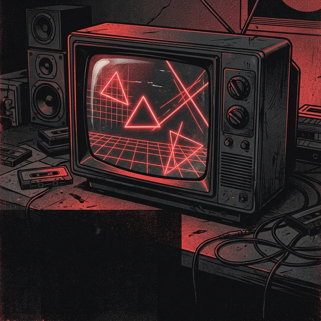 ilustración tributo de una pantalla de televisión vintage mostrando formas geométricas neón sobre un fondo oscuro, estética MTV de los 80, paleta rojo y negro, sin rostros ni logos