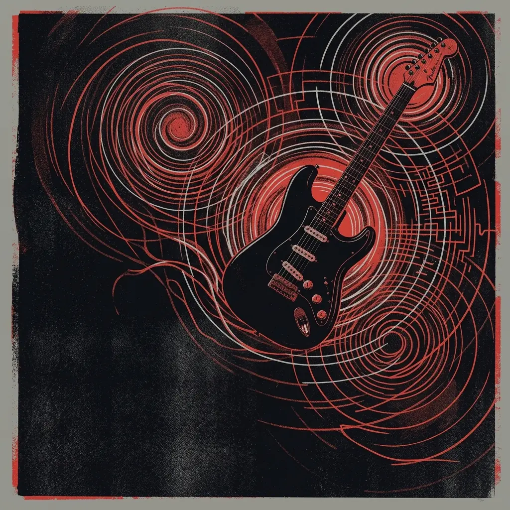 ilustración tributo de una Fender Stratocaster suspendida sobre olas de sonido en espiral, atmósfera técnica y lírica a la vez, estética de los años 80, paleta rojo y negro, sin texto ni logotipos