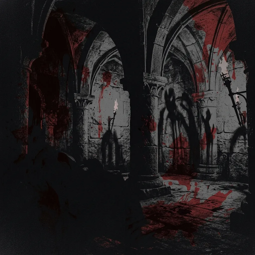 ilustración tributo de catacumbas de piedra negra con columnas góticas y manchas de sangre roja oscura, antorchas que proyectan sombras distorsionadas, atmósfera death metal Austria años noventa, sin rostros reconocibles ni logos, paleta rojo y negro