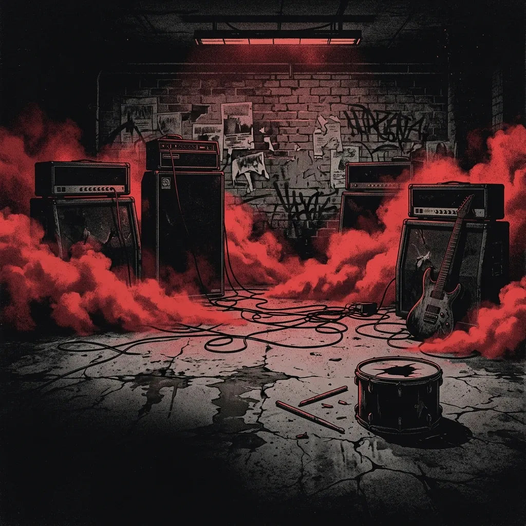 ilustración tributo de un escenario underground en sótano con amplificadores negros derramando niebla roja y suelo de concreto agrietado, atmósfera death metal europeo años noventa-dos mil, sin rostros ni logos, paleta rojo y negro