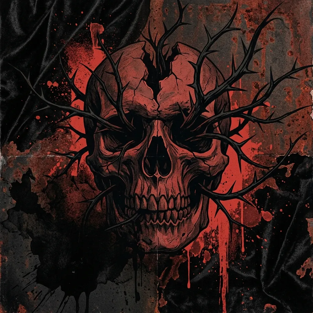 ilustración tributo de un cráneo partido con espinas negras emergiendo de las cuencas vacías, fondo de terciopelo oscuro con salpicaduras de rojo carmesí y texturas de óxido, estética death metal austriaco clásico, sin texto ni logotipos, paleta rojo y negro