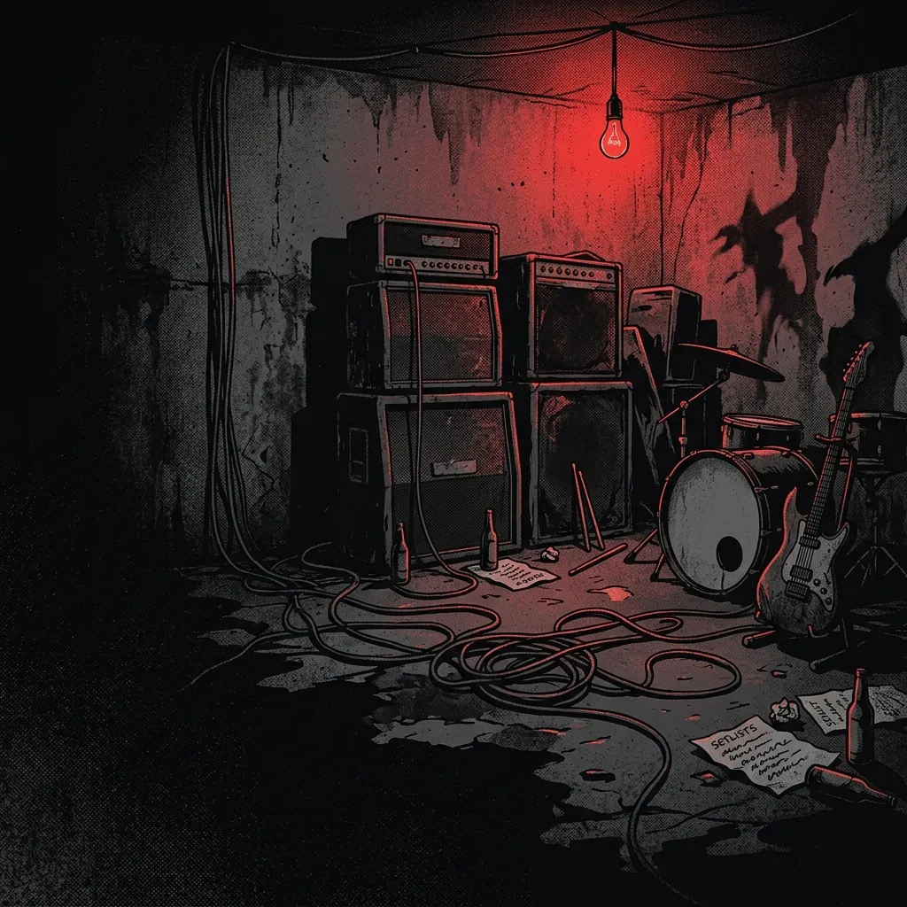 ilustración tributo de un sótano de ensayo en Estocolmo con amplificadores apilados, cables enroscados sobre suelo húmedo y una luz roja parpadeante proyectando sombras largas, atmósfera Swedish death metal 1988, sin rostros reconocibles ni logos, paleta rojo y negro