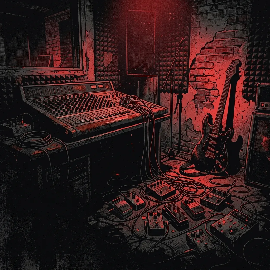 ilustración tributo de una sala de grabación subterránea con consola de mezclas cubierta de óxido, cables serpenteando entre pedales de efectos y una guitarra apoyada contra la pared bajo luz carmesí intensa, atmósfera death metal escandinavo años 90, sin rostros ni logos, paleta rojo y negro